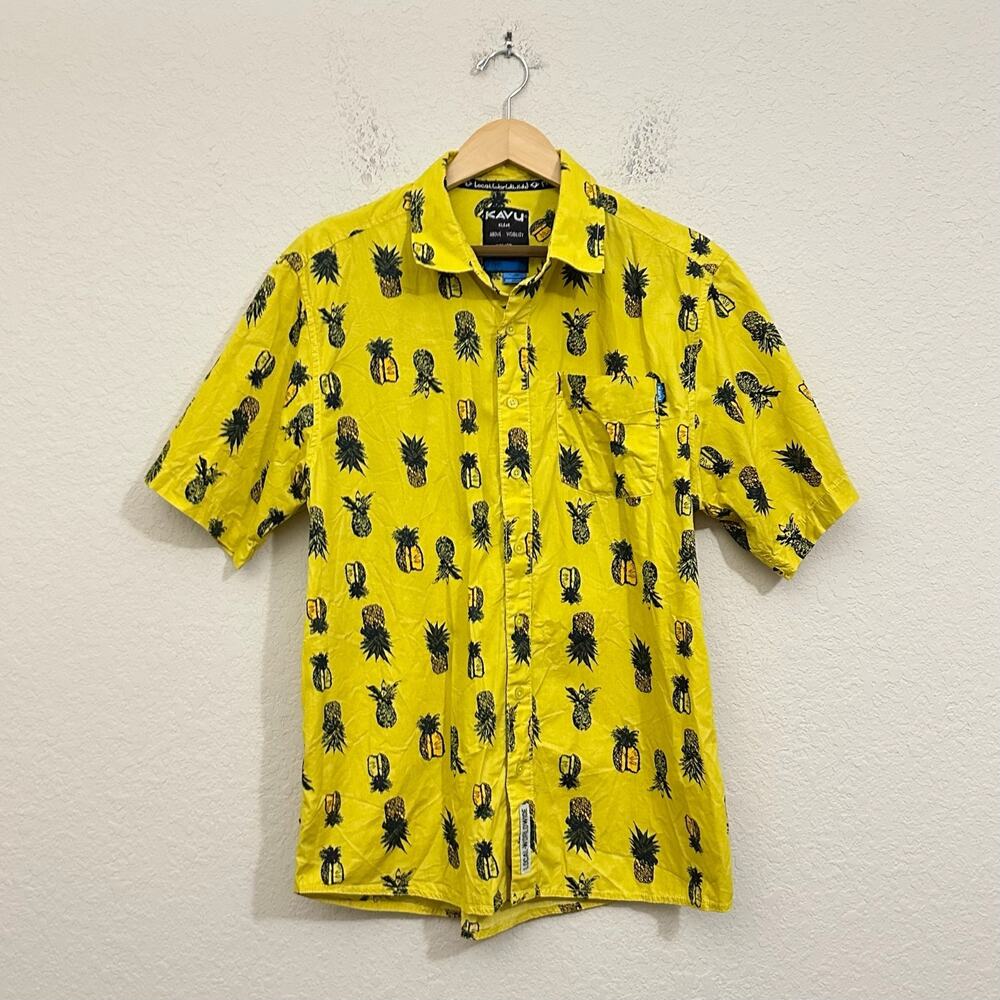 KAVU Festaruski Shirt Yellow Pineapple Short Sleeve Cotton Tropical